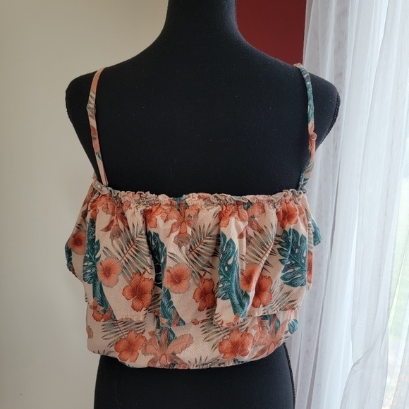 Roxy Olivia Tropical Print Ruffle Crop Top Removable Straps Size L/12 - Picture 2 of 8